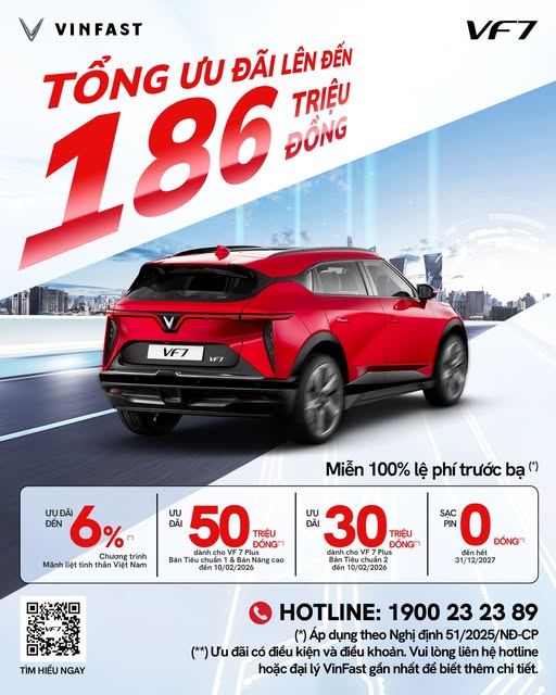 TỔNG ƯU ĐÃI LÊN TỚI 186 TRIỆU ĐỒNG* – CƠ HỘI VÀNG RƯỚC VINFAST VF 7 ĐÓN TẾT